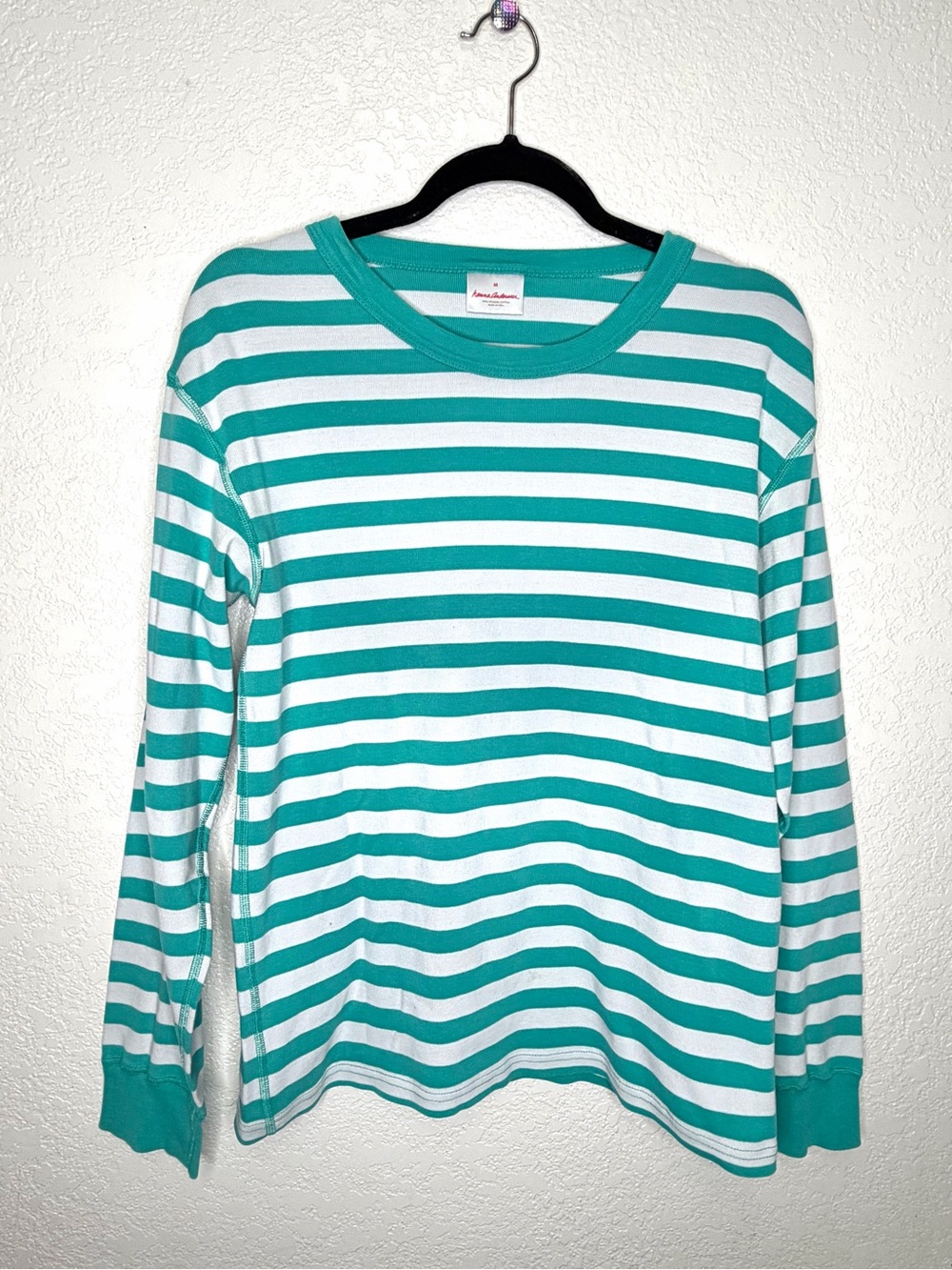 Hannah Andersson Womens Sz M Long Sleeve Teal White Striped Shirt Longewear Cozy